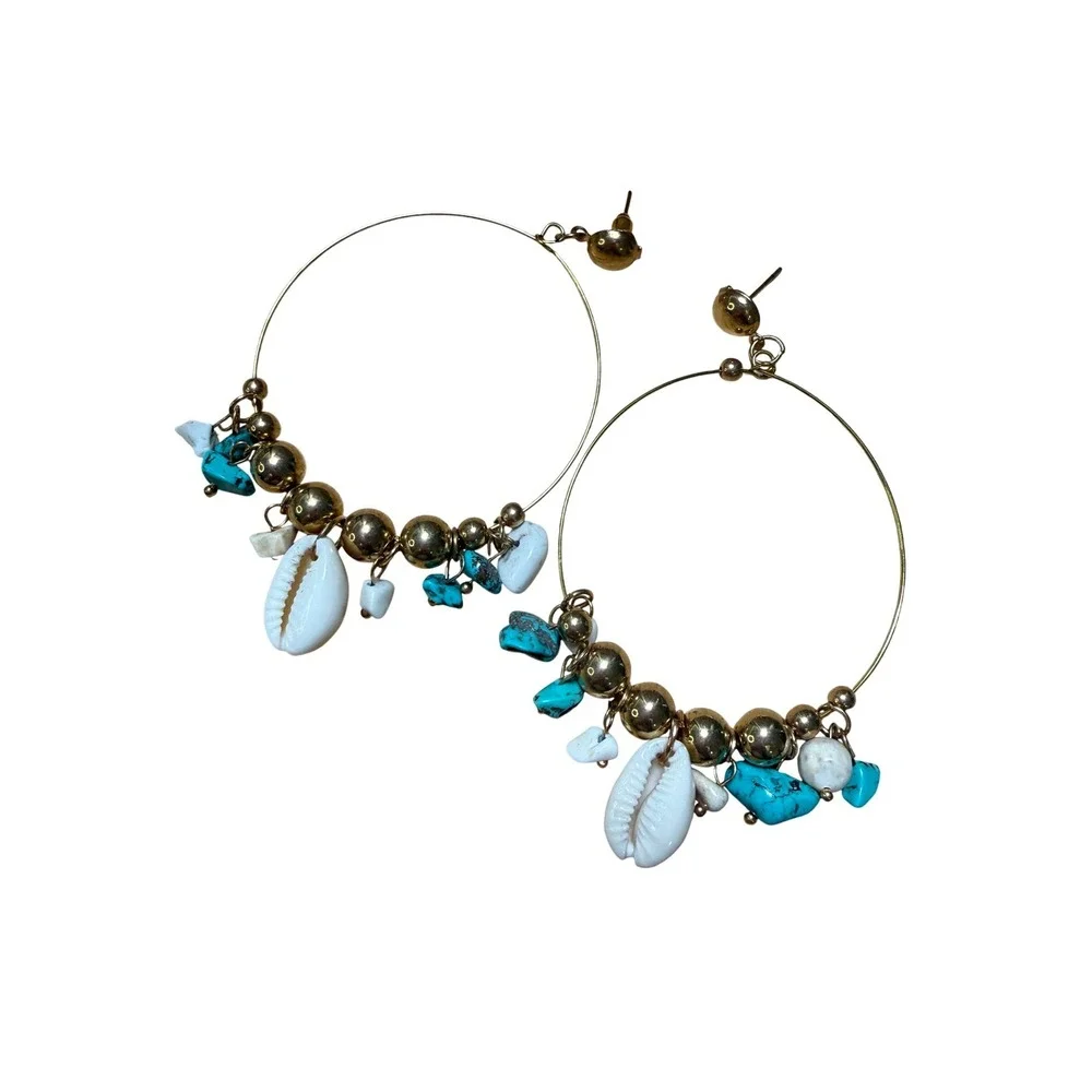 Hoop Earrings Gold Turquoise‎ Shell Bohemian Coastal Beachy Statement